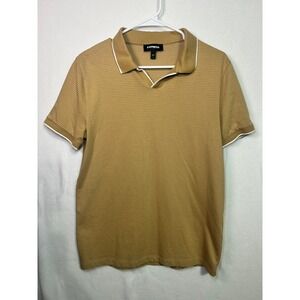 Express Mens Tan Micro Stripe V-Neck Polo Shirt Short Sleeve Mustard Yellow S